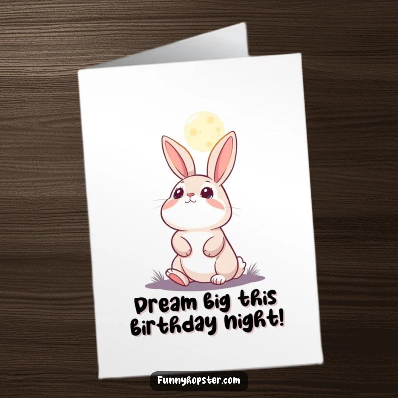 Funny Free Printable Birthday Card: Rabbit looking up at a large moon with eyes full of wonder. Dreamy downloadable art.