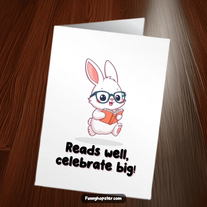 Funny Free Printable Birthday Card: Fluffy rabbit in glasses hops with excitement holding a book, ready for a party.