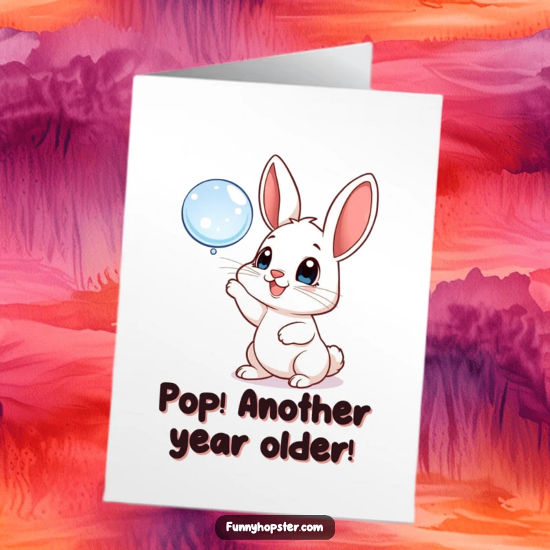 Funny Free Printable Birthday Card: A playful rabbit with big happy eyes bats at a floating bubble, celebrating.