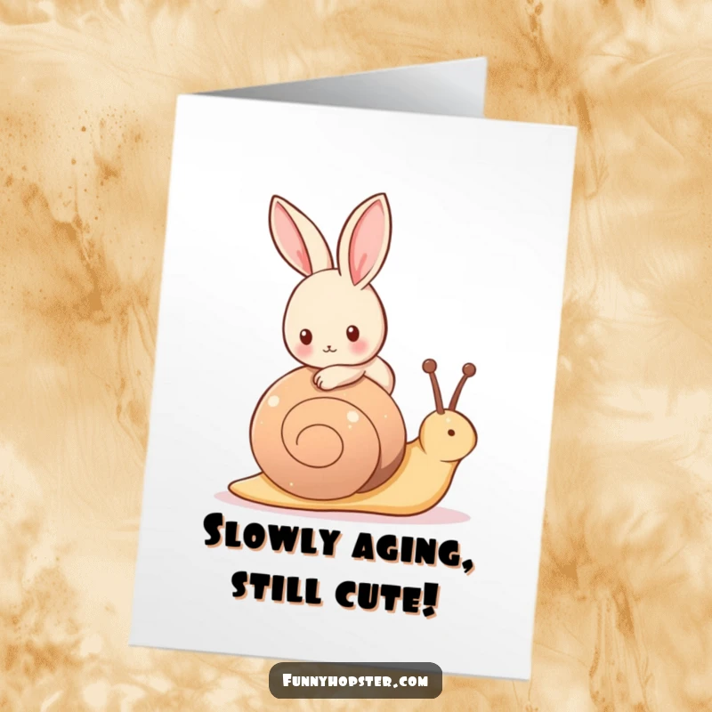 Funny Free Printable Birthday Card: A tiny rabbit riding calmly on the shell of a friendly snail.