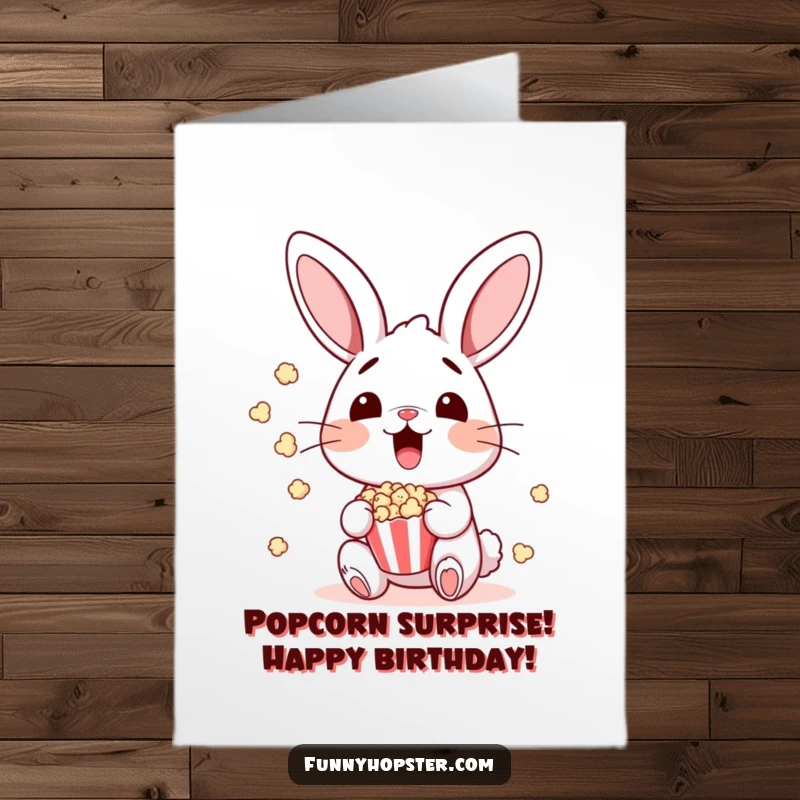 Funny Free Printable Birthday Card: a bunny with a shocked face as popcorn flies everywhere, perfect for a wild celebration.