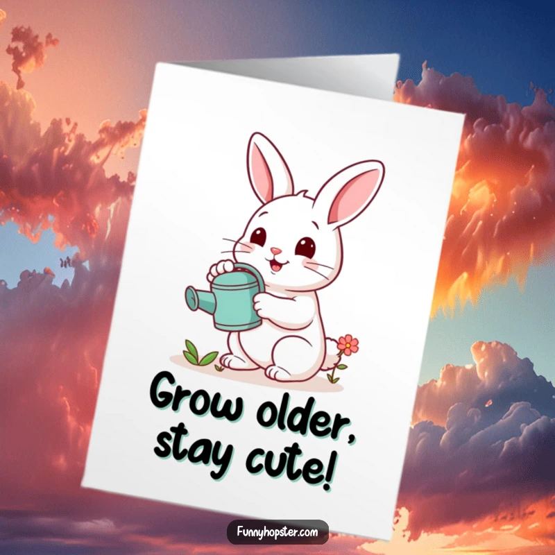Funny Free Printable Birthday Card: a cheerful rabbit holding a watering can gently tending to a small, delicate flower.
