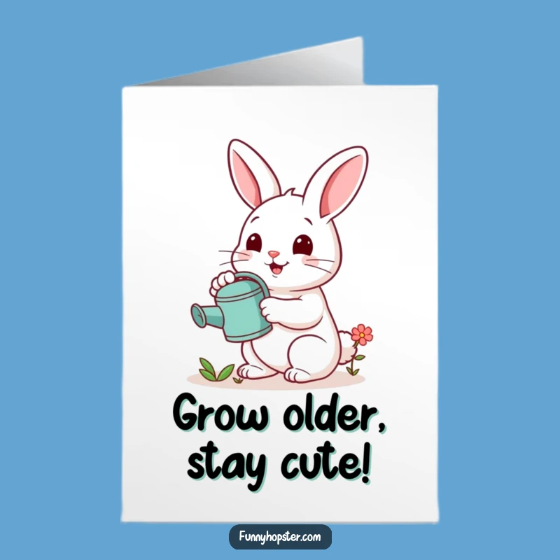 Free Printable Birthday Card: Cheerful Rabbit Watering Flower Downloadable Gift for a Blooming Celebration