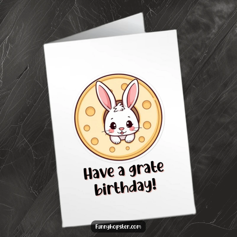 Funny Free Printable Birthday Card: A rabbit peeking out mischievously from a giant hole in a cheese wheel.