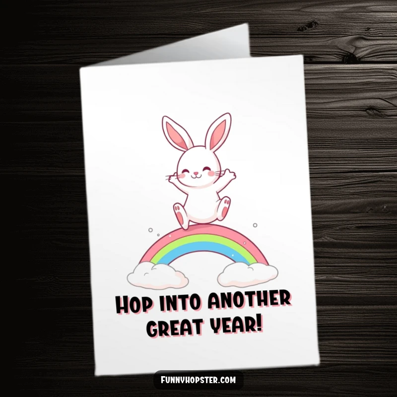 Funny Free Printable Birthday Card: A playful rabbit leaping energetically over a bright rainbow.