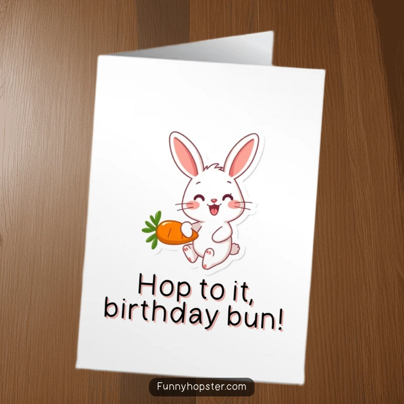 Funny Free Printable Birthday Card: A happy rabbit character joyfully hopping with a delicious carrot, ready for a party.