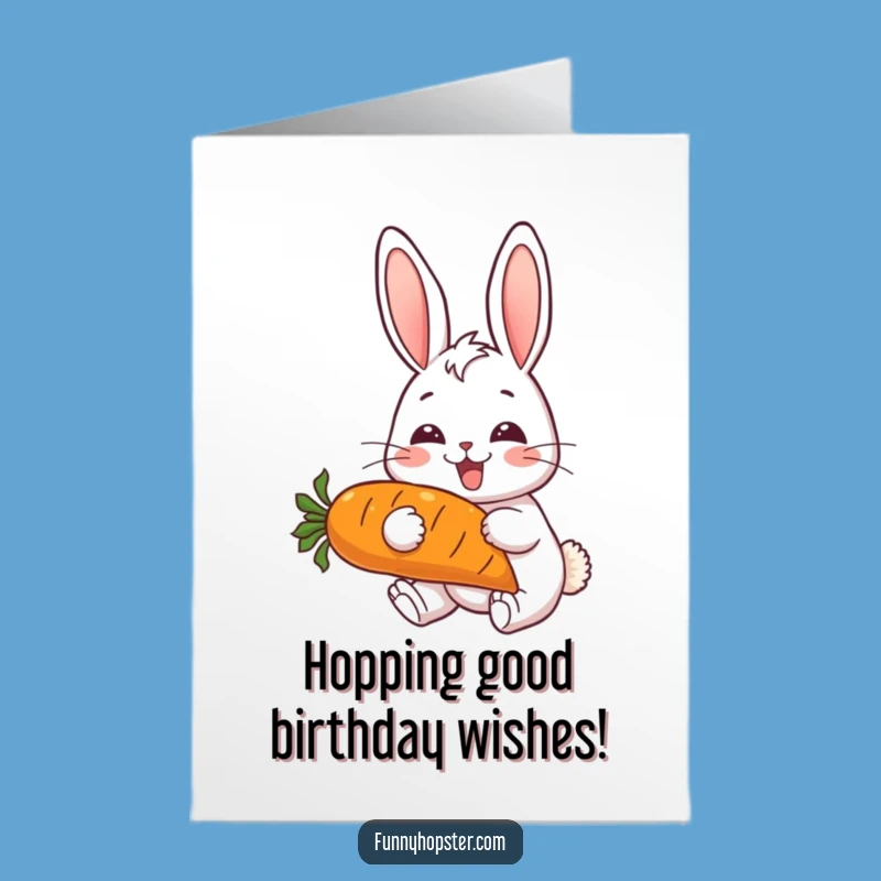 Free Printable Birthday Card: Cheerful Rabbit Munching Carrot Funny Downloadable Gift