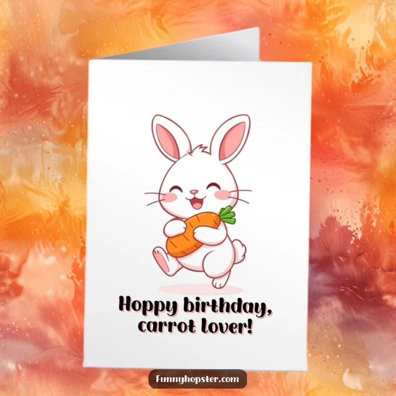 Funny Free Printable Birthday Card: Kawaii rabbit joyfully hopping with a big carrot, ready to celebrate.
