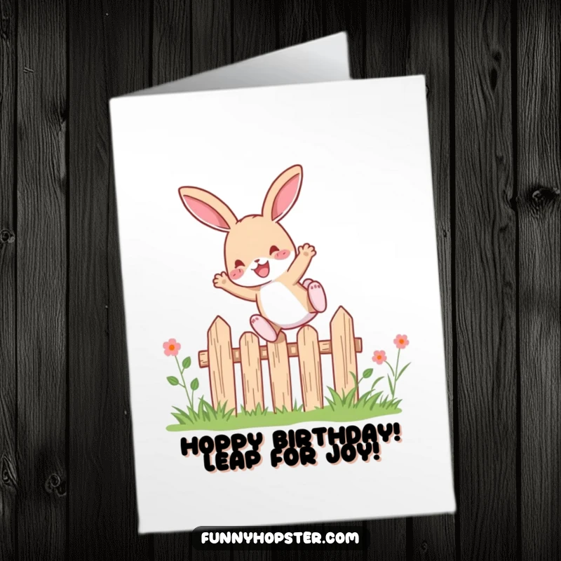 Funny Free Printable Birthday Card: Energetic rabbit leaps joyfully over a small fence, celebrating birthday happiness with pure glee.