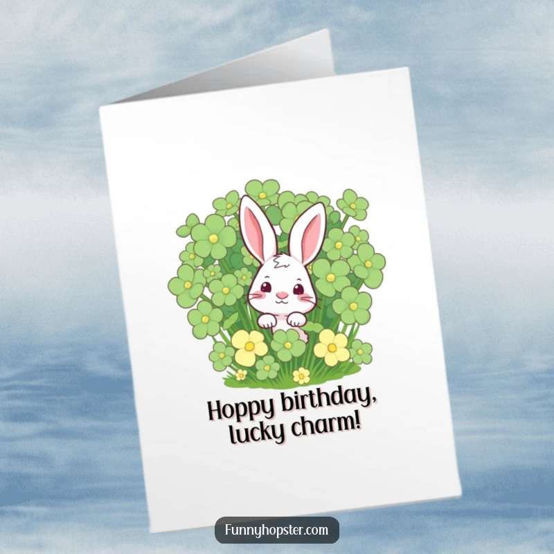 Funny Free Printable Birthday Card featuring a curious rabbit peeking from a giant clover patch, spreading birthday cheer.