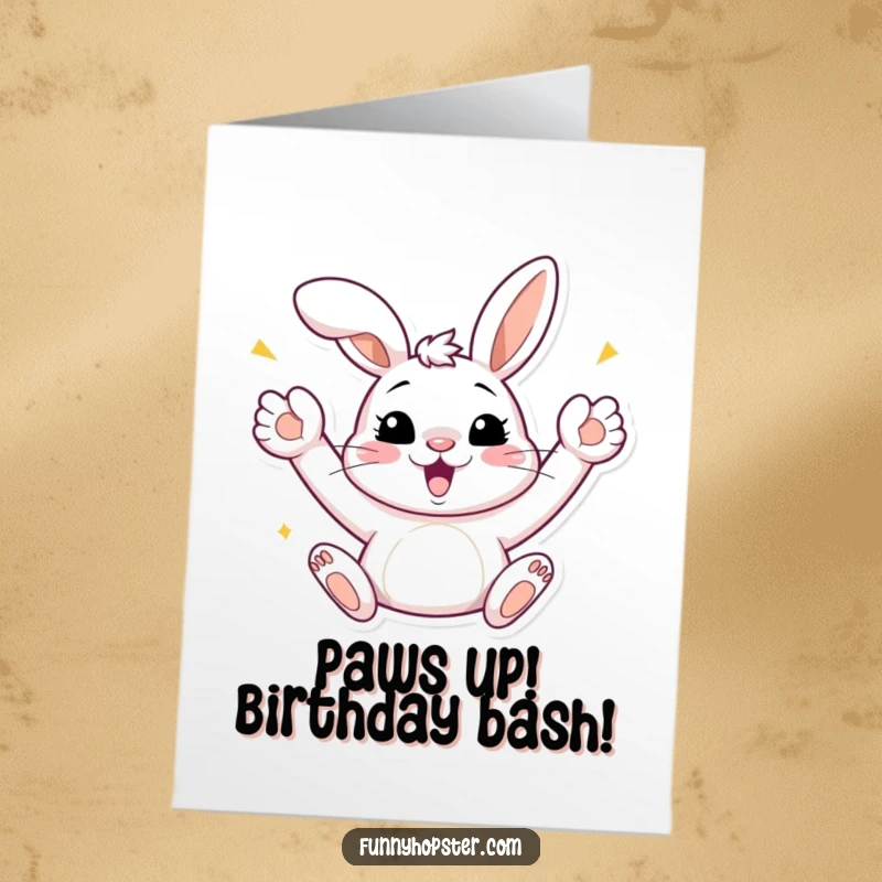 Funny Free Printable Birthday Card: A jubilant bunny with paws raised high, celebrating enthusiastically.