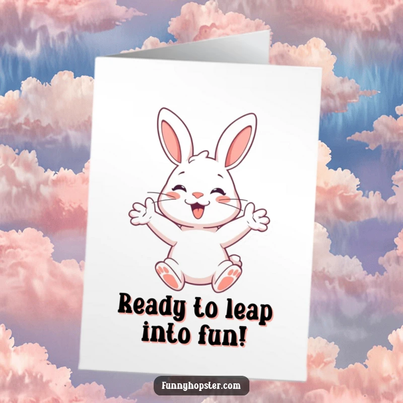 Funny Free Printable Birthday Card: A happy rabbit with paws outstretched, poised for a joyful birthday leap.