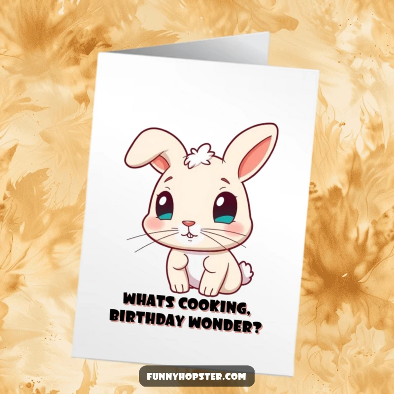 Funny Free Printable Birthday Card feat. a curious rabbit with an exaggerated nose twitch, pondering a birthday surprise.