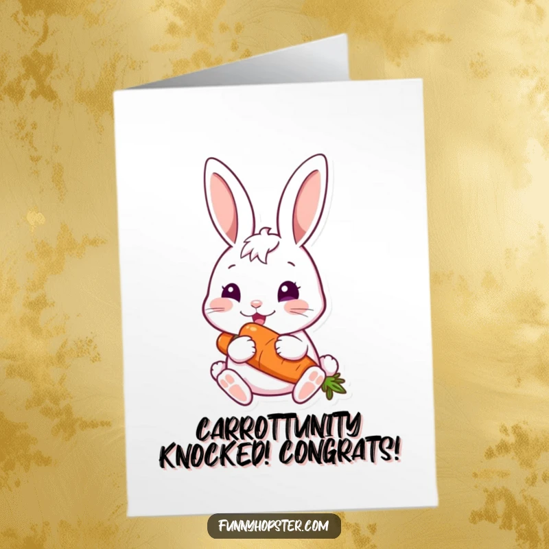 Funny Free Printable Congratulations Card: a happy rabbit contentedly nibbling a carrot, symbolizing a sweet success.