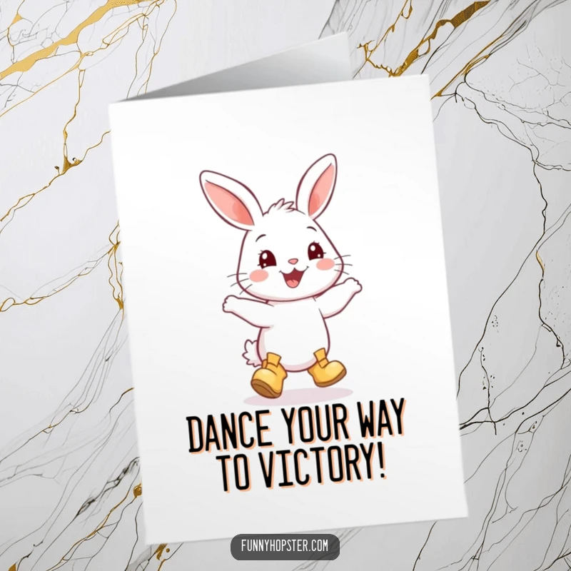 Funny Free Printable Congrats Card: A cheerful rabbit sporting little boots, dancing with pure elation.