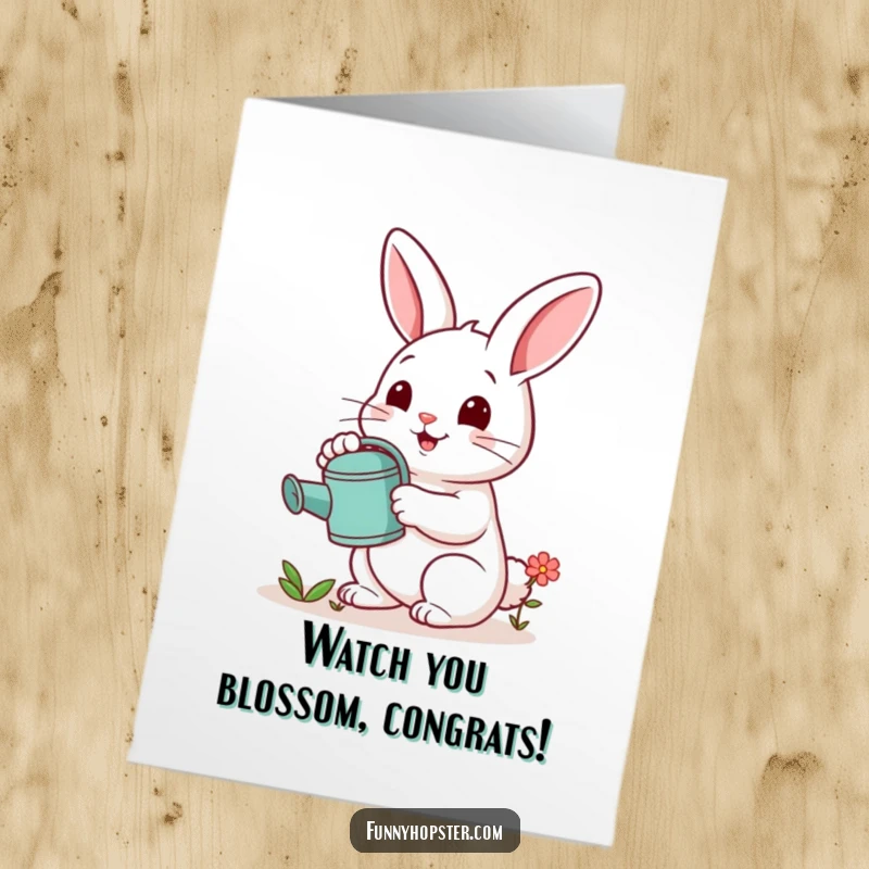 Funny Free Printable Congratulations Card: a happy rabbit carefully watering a tiny flower with a small watering can, celebrating growth.