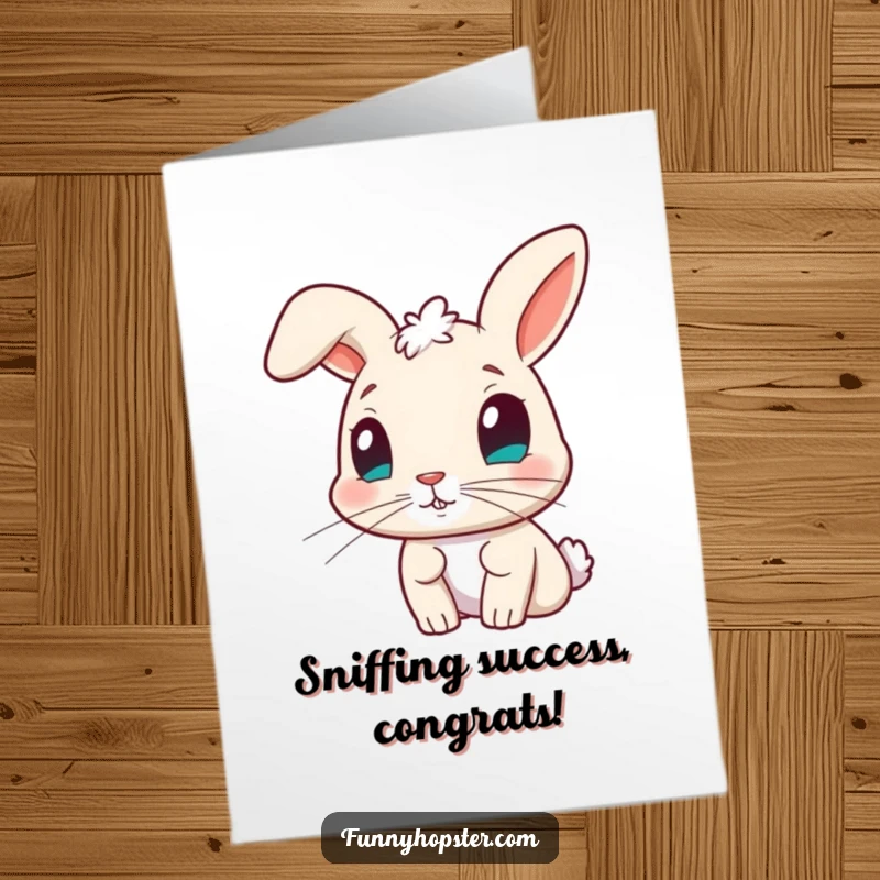 Funny Free Printable Congratulations Card showing a curious rabbit with a twitching nose, sniffing out good news.
