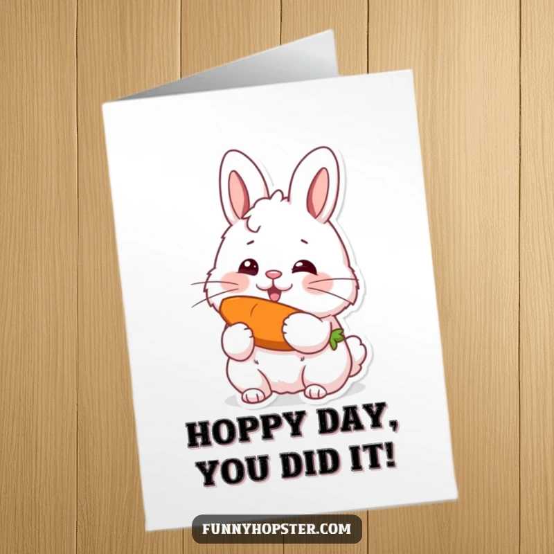 Funny Free Printable Congratulations Card showing a rabbit with wide eyes happily munching on a big carrot, celebrating a win.