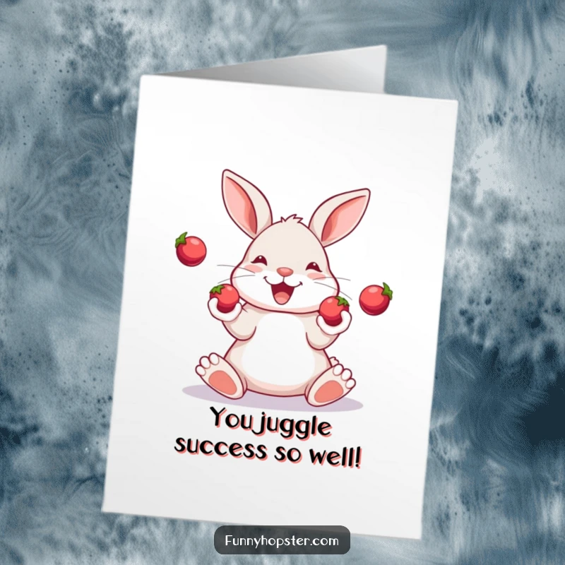 Funny Free Printable Congrats Card: A rabbit concentrating while juggling three bright, shiny berries with its paws.