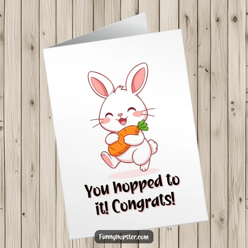 Funny Free Printable Congratulations Card: A cute kawaii rabbit is joyfully hopping with a carrot, cheering for success.