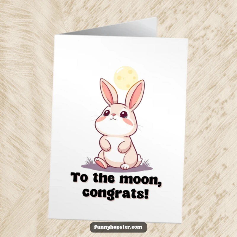 Funny Free Printable Congratulations Card: Rabbit gazing with awe at the moon, full of wonder and dreams. Downloadable.