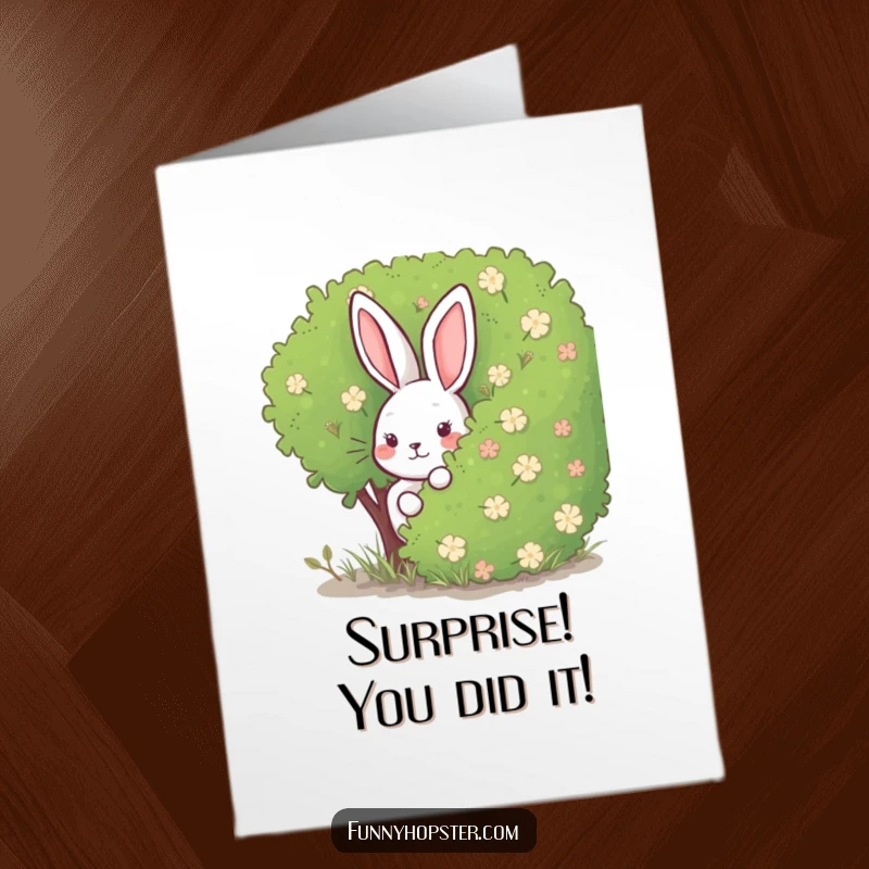 Funny Free Printable Congratulations Card: A rabbit playfully hiding behind a bush, peeking out with a mischievous expression.