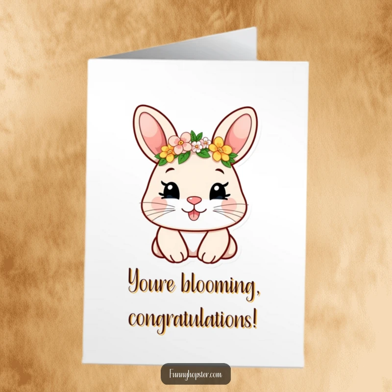 Funny Free Printable Congratulations Card with a smiling rabbit wearing a flower crown, offering delightful encouragement.