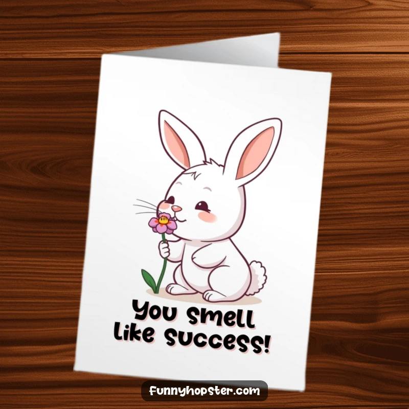 Funny Free Printable Congratulations Card: A cheerful rabbit wiggles its nose smelling a beautiful flower.