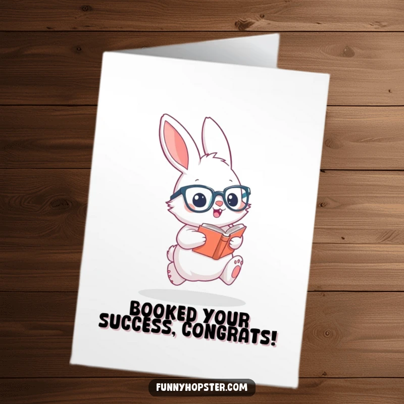 Funny Free Printable Congratulations Card: A fluffy rabbit with tiny glasses excitedly hops, holding a book for a smart grad.