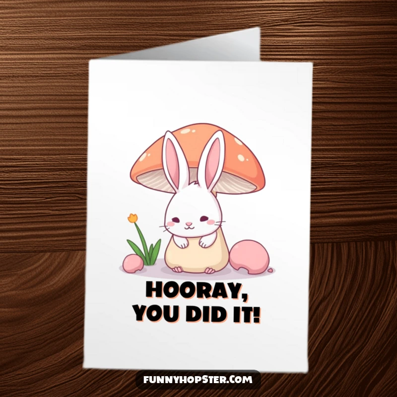Funny Free Printable Congrats Card: Shy rabbit ears emerge from behind a mushroom, celebrating achievements subtly.