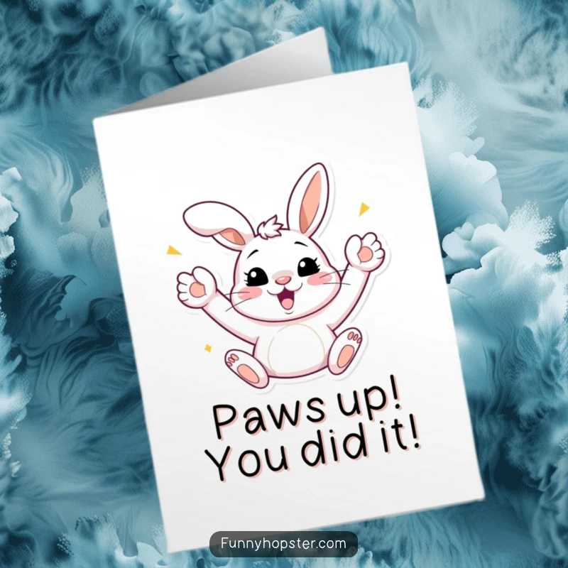 Funny Free Printable Congratulations Card: A joyful bunny throws its paws in the air, celebrating a big win.
