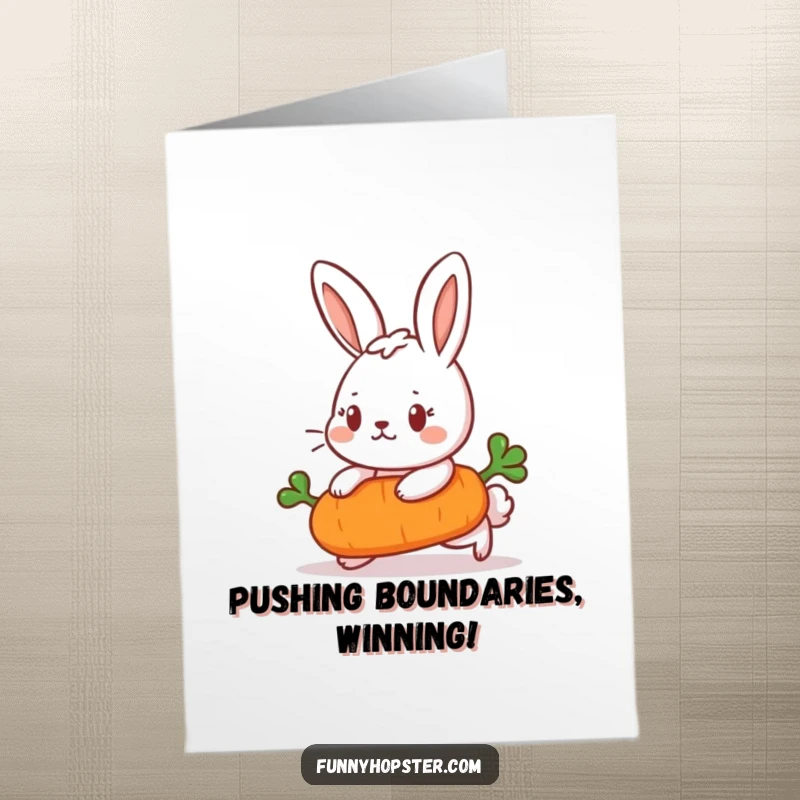 Funny Free Printable Congrats Card: Determined rabbit pushing a rolling carrot, celebrating achievements with gusto.