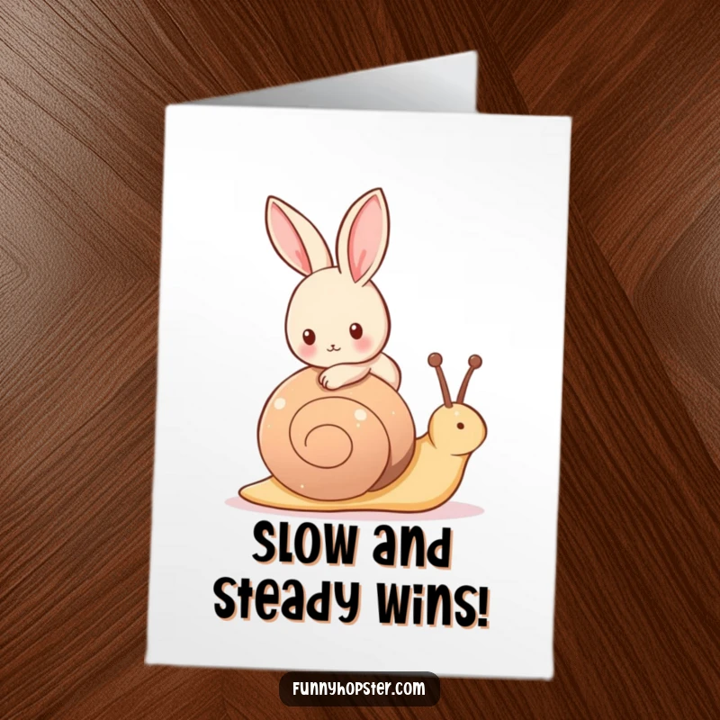 Funny Free Printable Congrats Card: A rabbit enjoying a slow ride on the back of a cheerful snail.