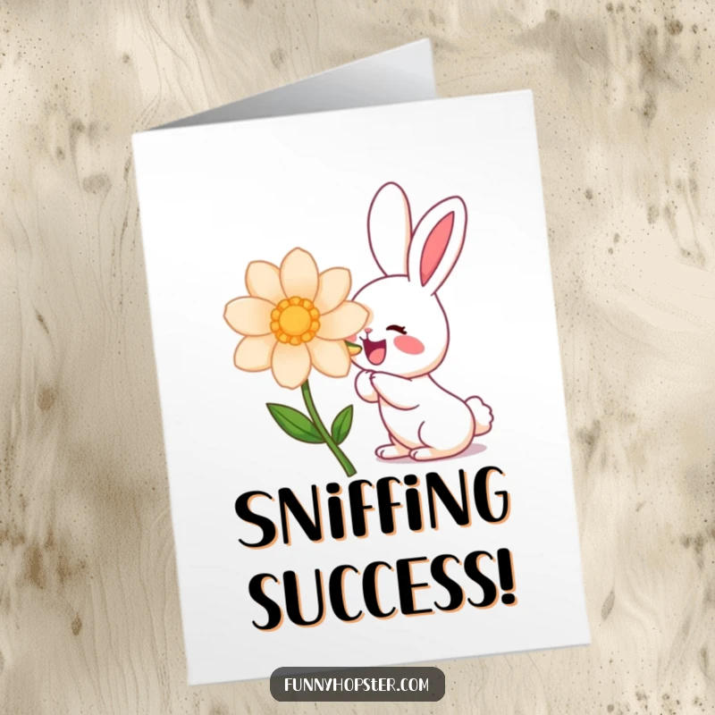 Funny Free Printable Congratulations Card: a kawaii rabbit joyfully sniffing a giant flower, perfect for celebrating achievements.