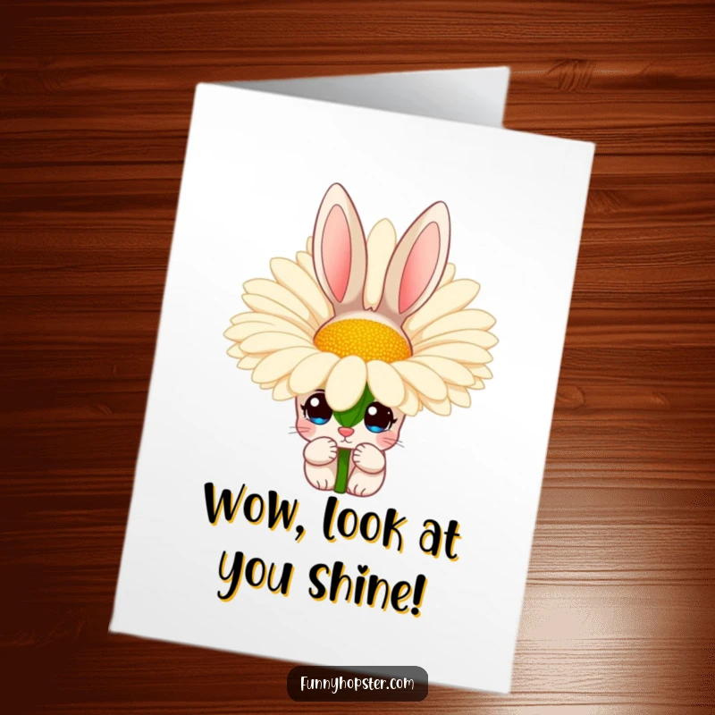 Funny Free Printable Congratulations Card: a rabbit with wide, inquisitive eyes peeking from behind a massive daisy, sharing joy.