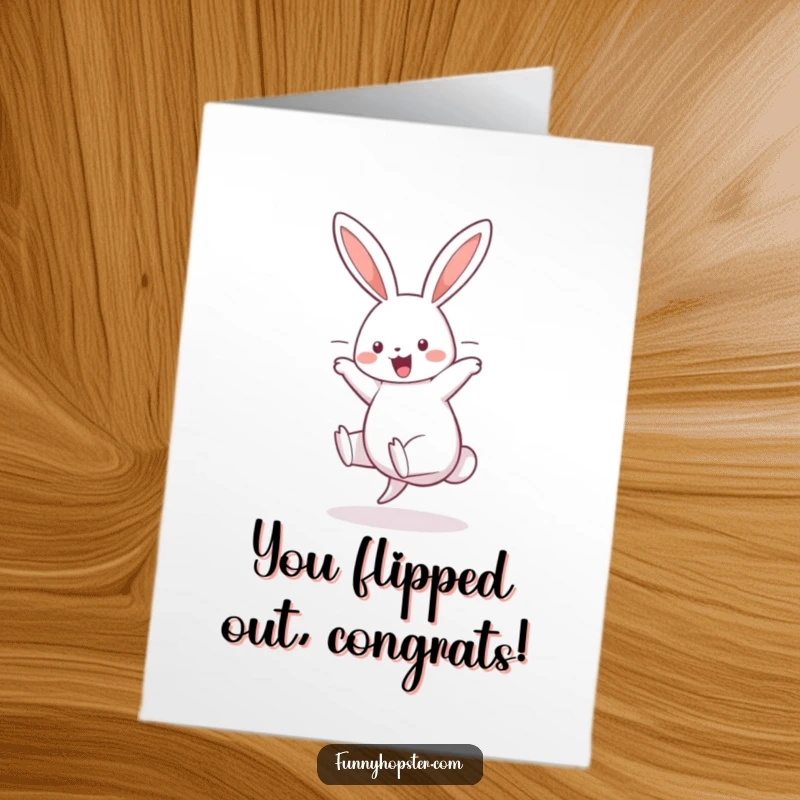 Funny Free Printable Congratulations Card: A joyful rabbit does a cartwheel, ears trailing, celebrating a big win.