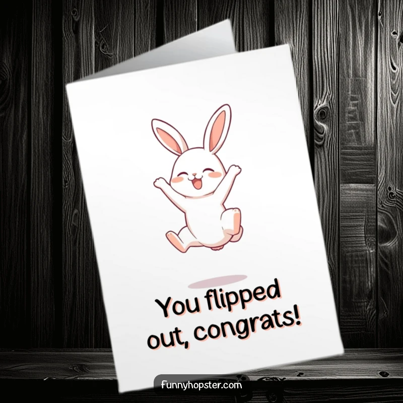 Funny Free Printable Congratulations Card: a rabbit performing a joyful somersault with its legs in the air, expressing pure elation.