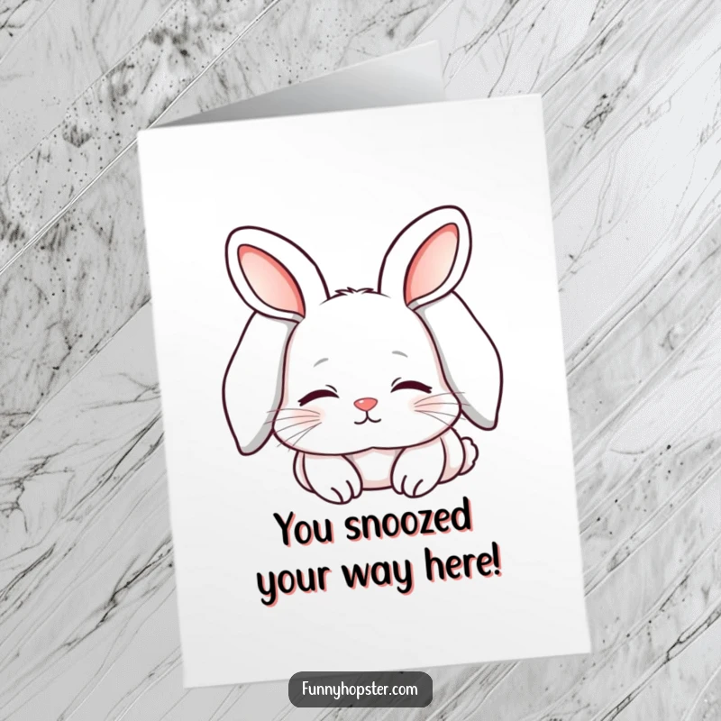 Funny Free Printable Congratulations Card: A sleepy kawaii rabbit with ears down looks content.