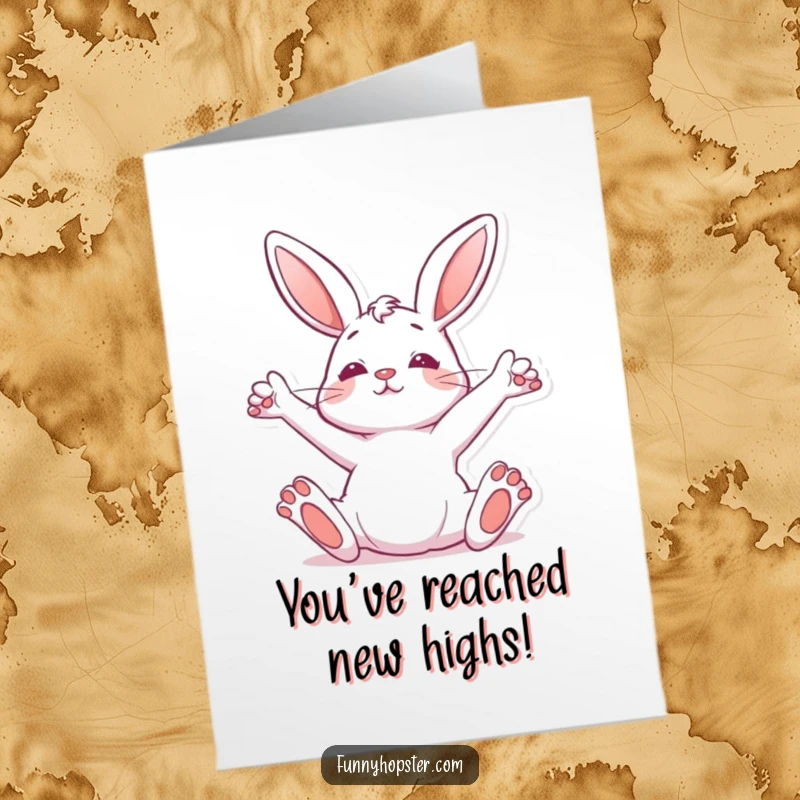 Funny Free Printable Congrats Card: Rabbit stretching upwards, a humorous way to congratulate someone's relaxed success.