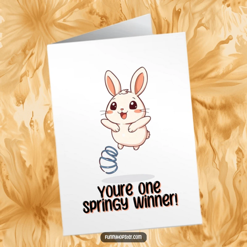 Funny Free Printable Congrats Card: A plump rabbit in mid-air, bouncing with pure exhilaration on a spring.