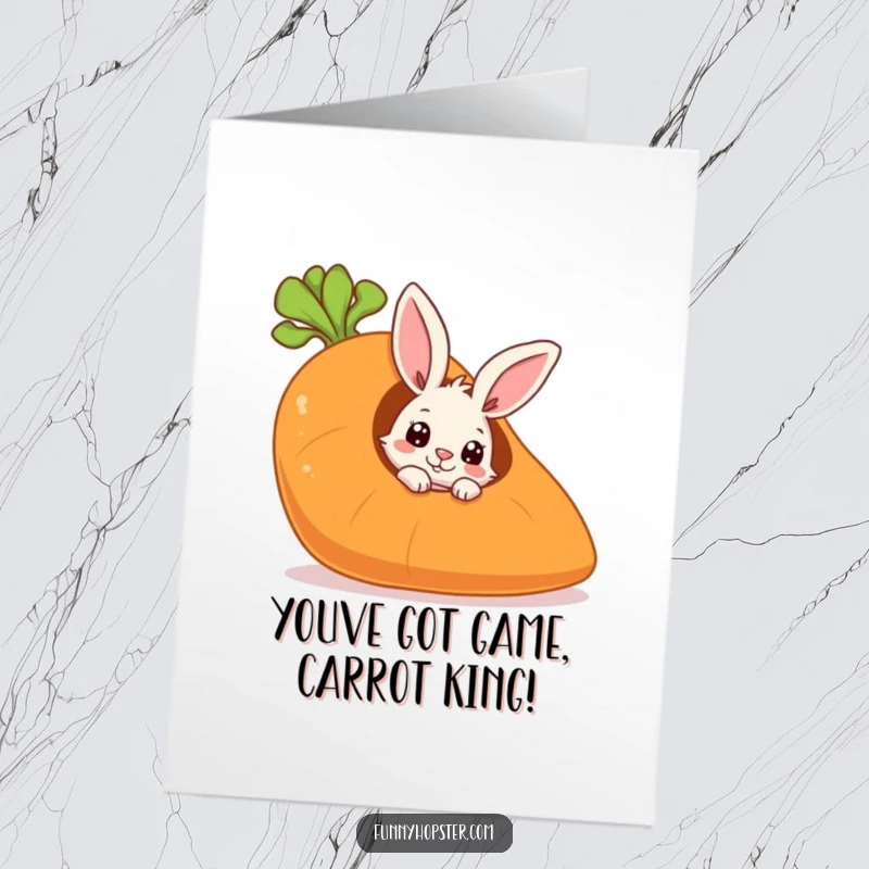 Funny Free Printable Congratulations Card: A curious rabbit hides inside a giant carrot, congratulating success.