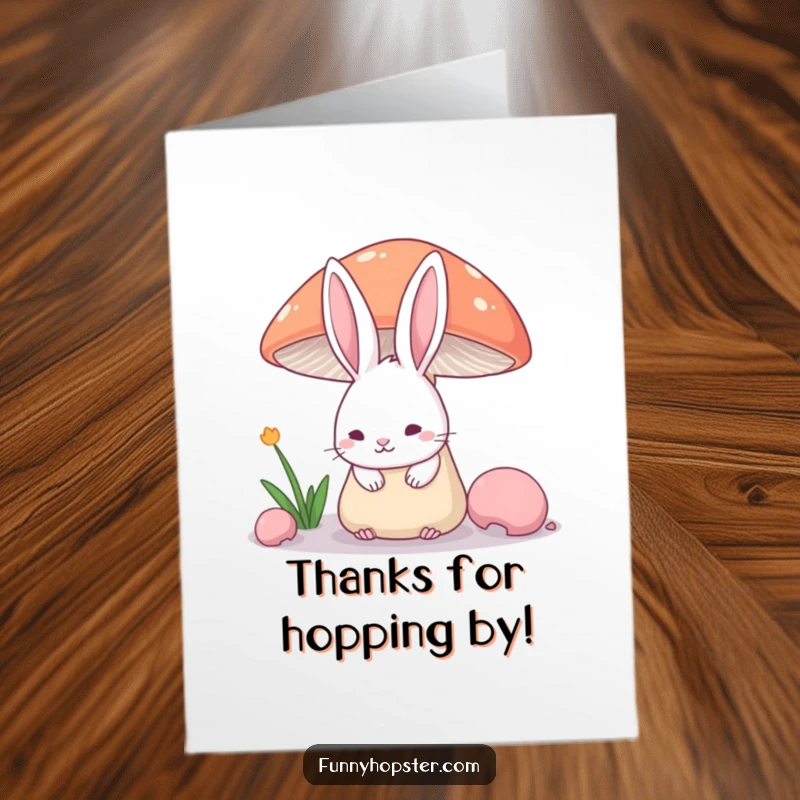 Funny Free Printable Thank You Card: Shy rabbit ears poke out from a mushroom, a sweet and subtle thank you.