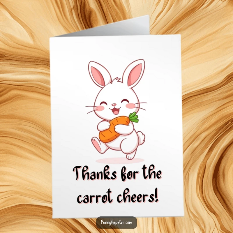 Funny Free Printable Thank You Card: A kawaii rabbit hops happily with a carrot, conveying warm thanks.