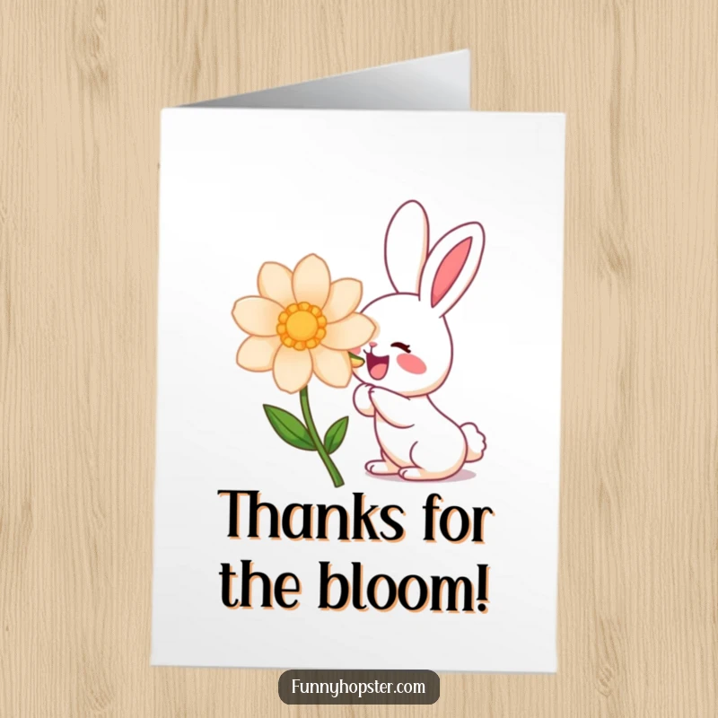 Funny Free Printable Thank You Card featuring a kawaii rabbit enthusiastically sniffing a huge flower, conveying heartfelt thanks.