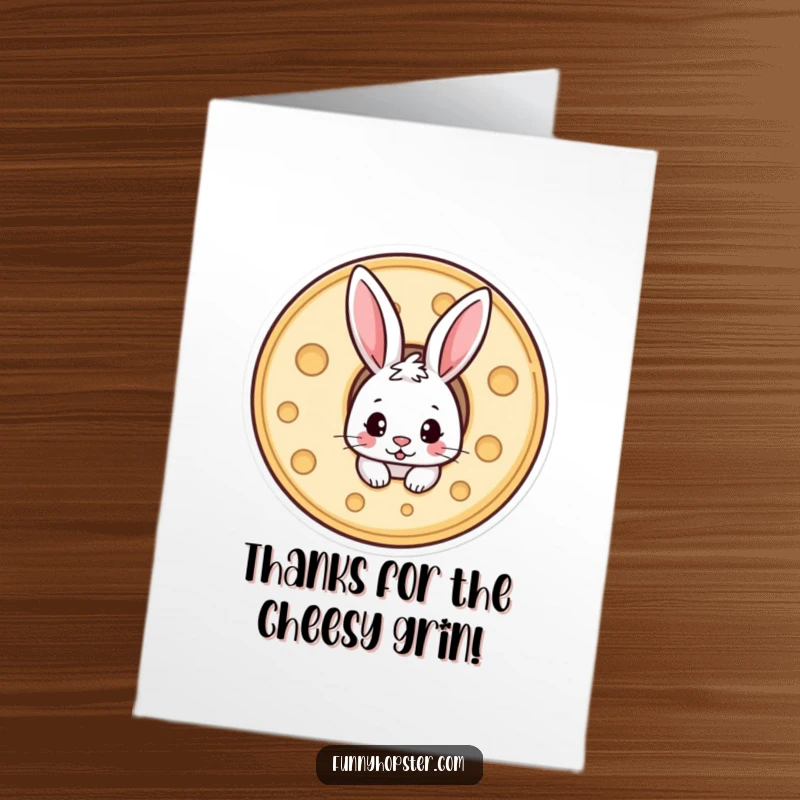 Funny Free Printable Thank You Card: A cheeky rabbit peeking out from a large wheel of Swiss cheese.