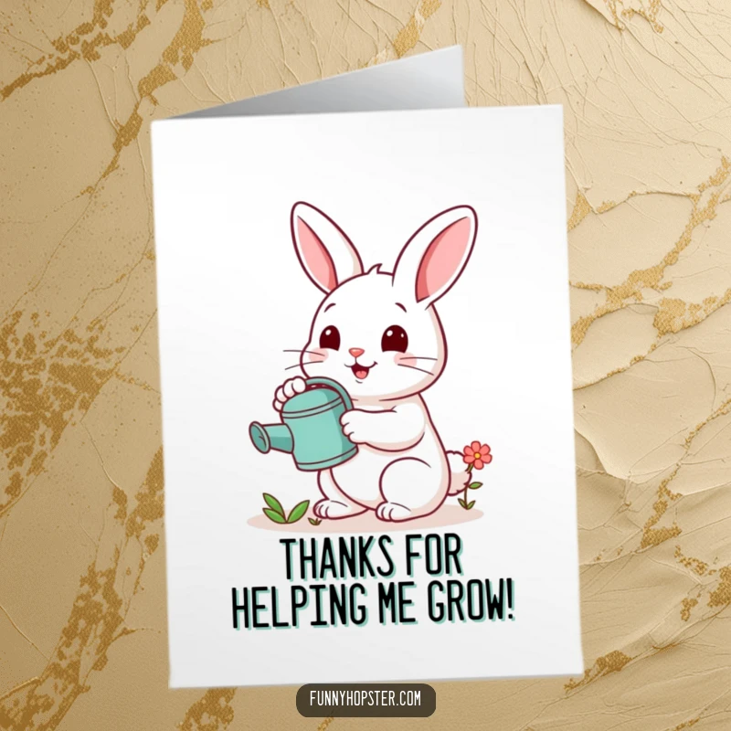 Funny Free Printable Thank You Card: a cheerful rabbit holding a watering can, tending to a small flower, representing gratitude.