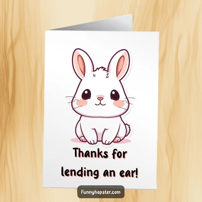 Funny Free Printable Thank You Card: A kawaii rabbit with alert ears, listening closely to express thanks.