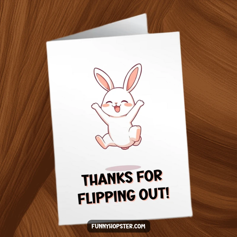 Funny Free Printable Thank You Card: a rabbit joyfully doing a somersault with its legs in the air, expressing thanks with flair.