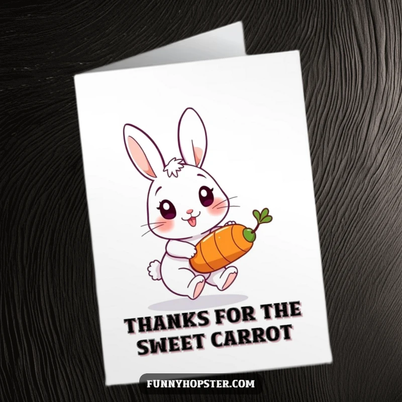 Funny Free Printable Thank You Card illustrating a playful rabbit energetically chasing a bouncing carrot, expressing thanks.