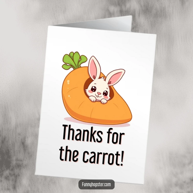 Funny Free Printable Thank You Card: A curious rabbit peeks out from a large hollow carrot, expressing thanks.